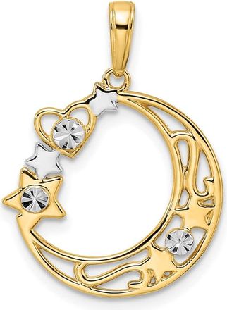 Diamond2Deal 14k Yellow Gold White Rhodium Diamond-Cut Heart, Star Moon Pendant