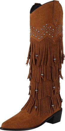 Generic Stylish Women Mid Calf Boots with Ornamental Tassel Design Pointed Toe Elevated Heel Comfort Footwear for Autumn Winter Seasons (Brown, 4.5)