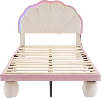 STILVORA Cama Infantil 90 X 200 Cm De Terciopelo Con Led Ajustable, Patas De Cama Con Deslizadores, Sin Colch&oacute;n, Rosa Y Blanco
