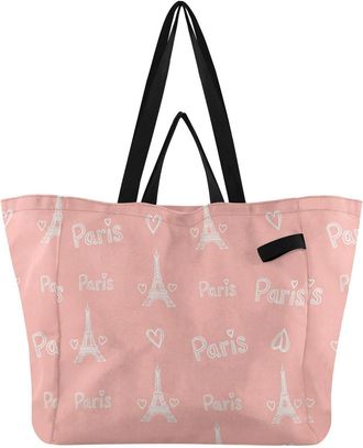 Generic Paris Pink Eiffel Tower print Reusable Canvas Tote Bag, Heavy Duty Grocery Shopping Bag with Double Handles Hard Bottom Large Capacity Work Groceries 