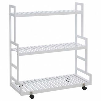 Hhg [non Utilizzato] Scaffale Per Piante In Bamb&ugrave; Hhg-372, Scala Mobile Supporto Per Fiori, 3 Ripiani, Rotelle, 105x90x38 Cm, Bianco