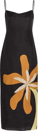 Cala de la Cruz Paloma Floral-print Linen Midi Dress - Black - S (UK8-10 / S)