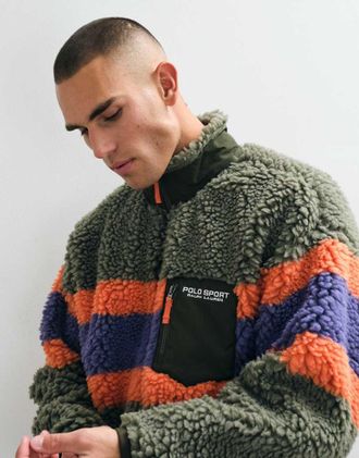 Polo Ralph Lauren felpa sport in pile con mezza zip, khaki e multicolore-Verde
