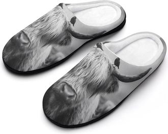 Generic Highland Cow with Birds Mens Cozy Cotton Slippers with Memory Foam Lightweight Anti-skid House Shoes for Indoor Outdoor