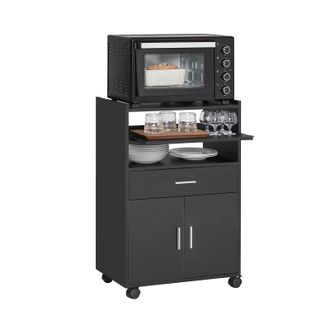 SoBuy Aparador Auxiliar De Almacenamiento Para Microondas Con Ruedas Armario De Cocina Con 2 Puertas 2 Estantes Y Un Caj&oacute;n 59 X 40 X 92 Cm Negro Fsb09-sch S