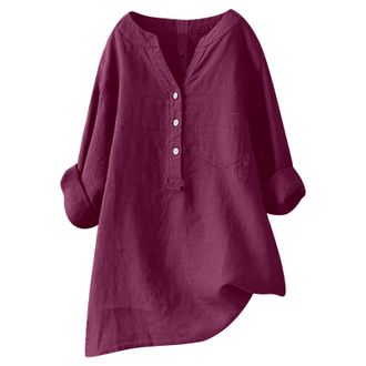 Generic Women Loose Solid Linen Shirt Long Sleeve Button Up Mandarin Collar Top Athletic Short Sleeve Shirt Women Wine