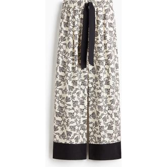 H&M Wide Tie-belt Trousers in Cream/floral at Nordstrom, Size Xx-Small