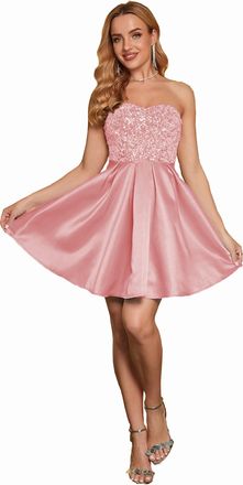 Angel Fashions Womens Strapless Dark Pink Sequin A-Line Satin Elegant Short Prom Dress Size 18