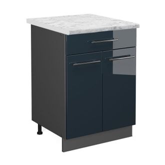 Vicco Mueble Bajo De Cocina Fame-line, Azul Oscuro Alto Brillo, 60 Cm Con Caj&oacute;n, Et M&aacute;rmol Vicco