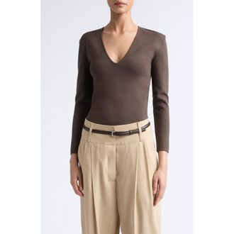 Toteme Compact Knit V-Neck Sweater in Walnut at Nordstrom, Size X-Small