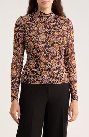 Ted Baker Paisley Mock Neck Long Sleeve Mesh Top in Chai Tea at Nordstrom Rack, Size X-Small