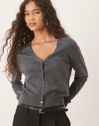 Mango Capsule - Cardigan in 100% lana con scollo a V grigio