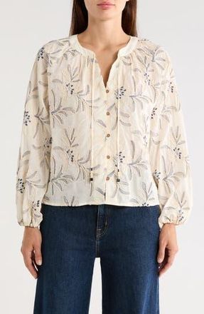 T Tahari Embroidered Long Sleeve Cotton Top in Cream/Deep Blue at Nordstrom Rack, Size X-Large