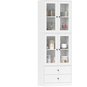 HOMCOM Homcom Alacena De Cocina Alta, Mueble Auxiliar De Cocina, Con 4 Puertas De Vidrio, 2 Cajones, Estantes Ajustables, 59x30x170 Cm, Blanco