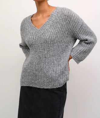 Kaffe Kavinda V-Neck Pullover Sweater In Grey Silver Metallic
