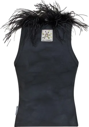 Des_Phemmes Ribbed Cotton with Ostrich Feather Trim Tank Top - Black