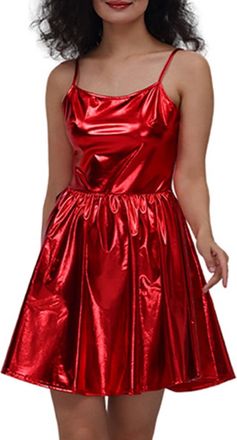Generic Womens Shiny Metallic A-line Dress Cap Sleeve Skater Mini Dress Holographic Rave Party Dance Costume for Ladies Red