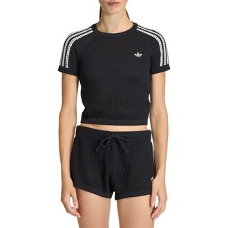 adidas Originals Open Stitch Short Sleeve Crop Sweater in Black at Nordstrom, Size X-Large