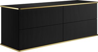 Vente-Unique Mueble de ba&ntilde;o suspendido estriado con ribete dorado - Negro - 150 cm - KELIZA