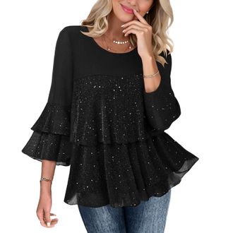 Generic KUIH Sparkly Tops for Women Ruffle 3/4 Sleeve Tunic Top Loose Flowy Double Layered Mesh Blouses Round Neck Pleated Tunic Blouse Glitter Elegant Ladies