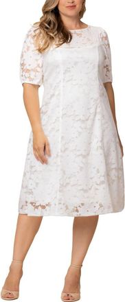 Kiyonna Emma Floral Lace Cocktail Midi Dress in White at Nordstrom, Size 0X