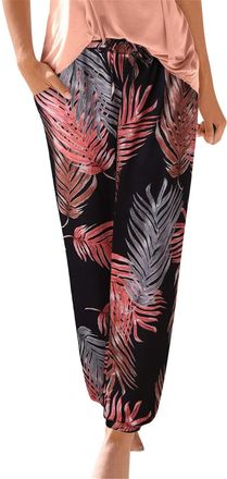 Generic Summer Boho Womens Beach Trousers - Drawstring Elasticated Waist Linen Lounge Pants with Pockets - Vintage Floral Print - Baggy Harem Hippie Pants (Bl