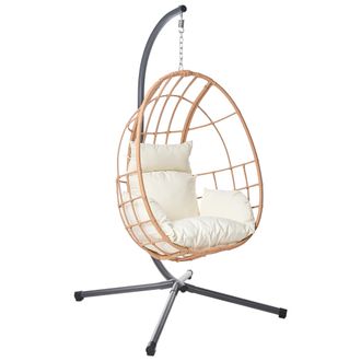 Beliani Sill&oacute;n Colgante Boho De Rat&aacute;n Sint&eacute;tico Cadena Y Soporte De Metal Coj&iacute;n Mullido Silla Natural Malcesine