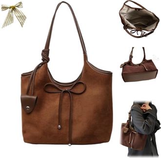 Generic Brown Suede Tote Bag,Women Bow Suede Shoulder Purse,Slouchy Large Capacity Commuter Underarm Bag,Trendy Fall Hobo Handbags (Brown)