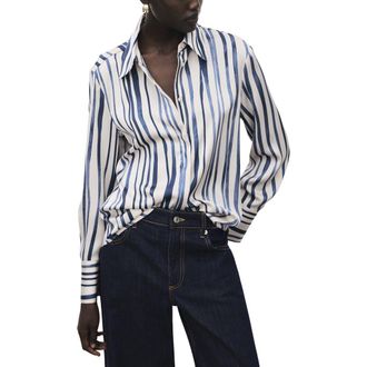 Mango Stripe Satin Button-Up Shirt in Navy at Nordstrom, Size 2