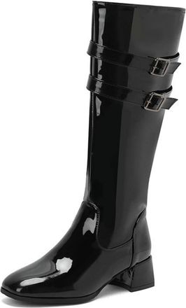 Generic Womens Knee High Boots with Buckle Detail - Patent Leather, Square Toe & Block Heel for Wedding, Party & Formal Events,Black,1.5 UK