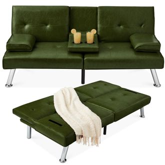 Best Choice Products Modern Faux Leather Convertible Futon Sofa w/ Removable Armrests, 2 Cupholders