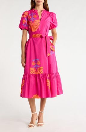 Sugarlips Melian Placed Floral Tiered Cotton Midi Dress in Fuchsia-Orange at Nordstrom, Size X-Small