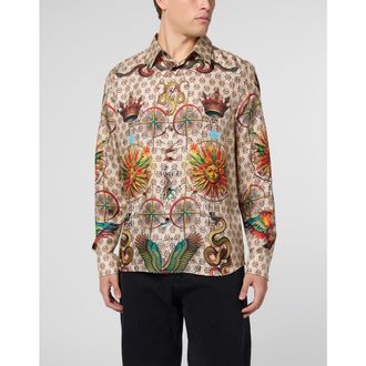 Philipp Plein Silk Pajamas Shirt Monogram Tattoo Men in Beige at Nordstrom, Size X-Large