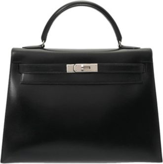 Herm&egrave;s Kelly Black Matte Silver Box Calf Leather Shopping Bag (Pre-Owned)