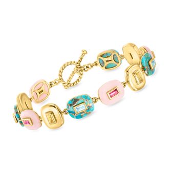 Ross-Simons Pink Opal, Turquoise and Multi-Gemstone Overlay Bracelet in 18kt Gold Over Sterling