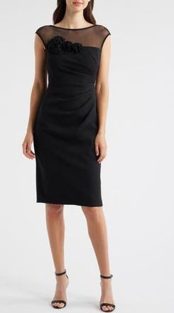 Eliza J Rosette Detail Mesh & Scuba Crepe Cocktail Sheath Dress in Black at Nordstrom Rack, Size 6