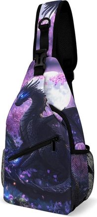 Generic Purple Flowers Moon Dragon Unisex Shoulder Bags Casual Crossbody Chest Bag Sling Backpack for Hiking Cycling Travel