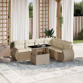 vidaXL Vidaxl - Set Sof&aacute;s De Jard&iacute;n 7 Piezas Y Cojines Rat&aacute;n Sint&eacute;tico Beige