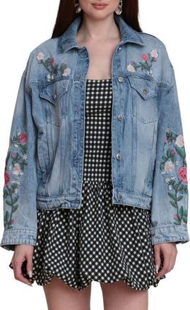 Avec Les Filles Embroidered Denim Trucker Jacket in Felicity Wash at Nordstrom, Size Medium