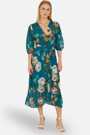 Yumi Watercolour Dip Hem Midi Wrap Dress in Teal at Nordstrom, Size 12