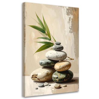Feeby Cuadro Sobre Lienzo, Piedras Zen Spa Hojas De Bamb&uacute; En Beige, 80x120