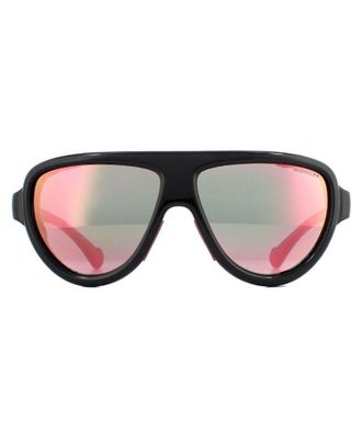 Moncler Aviator Unisex Shiny Black with Pink Leather Blue Mirror Sunglasses - One Size