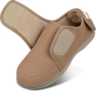 Garonne Womens Diabetic Wide Slippers Adjustable Breathable Waffle Knit Slippers, Dark Beige, 6.5 UK