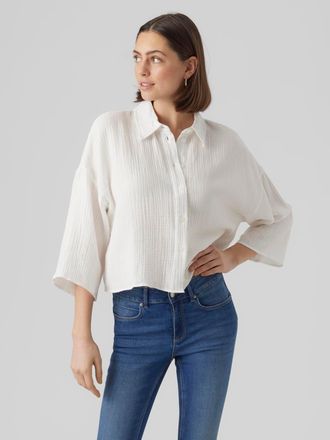 Vero Moda Hemdbluse VERO MODA VMNATALI CROP SHIRT WVN NOOS, Damen, Gr. XL, weiss (snow wei&szlig;), Web, Obermaterial: 100% Baumwolle, unifarben, regular fit kurz, we