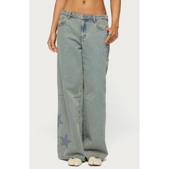 Edikted Trish Stars Low Rise Wide Leg Jeans in Blue-Washed at Nordstrom, Size X-Small