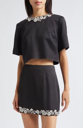 Cinq &agrave; Sept Adona Floral Jewel Embellished Crop Top in Black at Nordstrom, Size Xx-Small