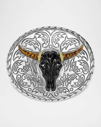 Lagos Men & apos;s Sterling Silver and 18K Anthem Black Agate Longhorn Belt Buckle, 85mm