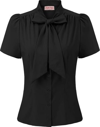 Belle Poque Women Vintage Classic Short Bubble Sleeve Solid Color Shirts Tunic Tops Black 819 X-Large