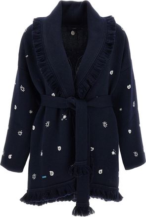 Alanui Bandana Pattern Wool Blend Cardigan with Fringed Edges