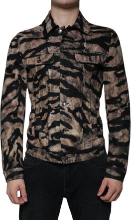 Dolce & Gabbana Mens Brown Tiger Button Down Collared Jacket Black And Cotton Elastane Clothing